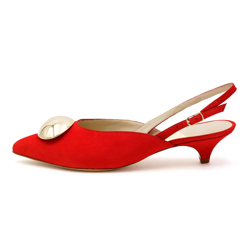 Pointed Toe Low Heel Buckled Slingback Red Pumps with Gold Detail