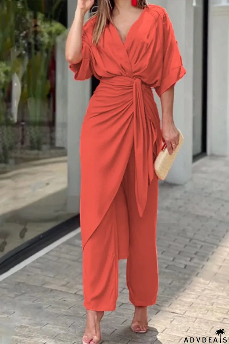 Casual Solid Frenulum V Neck Regular Jumpsuits