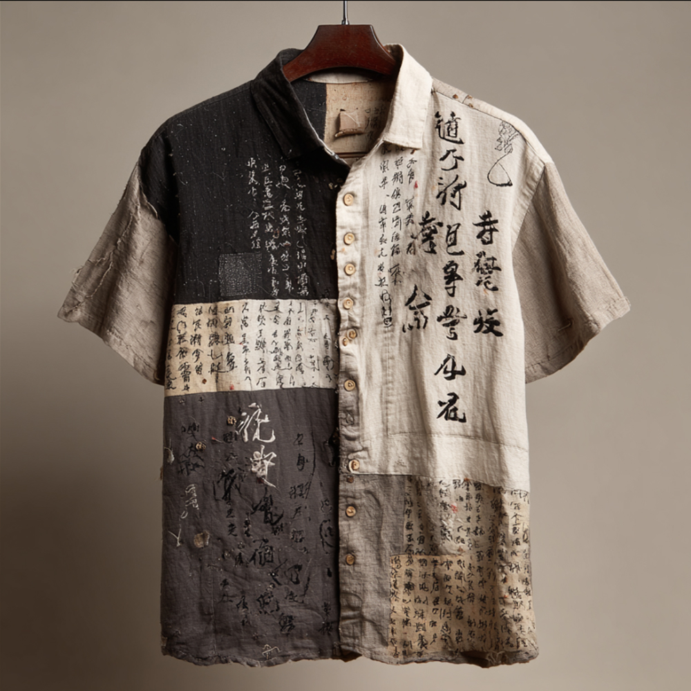 Comstylish Japanese Calligraphy Art Spliced Embroidery Washed Short Sleeve Shirt