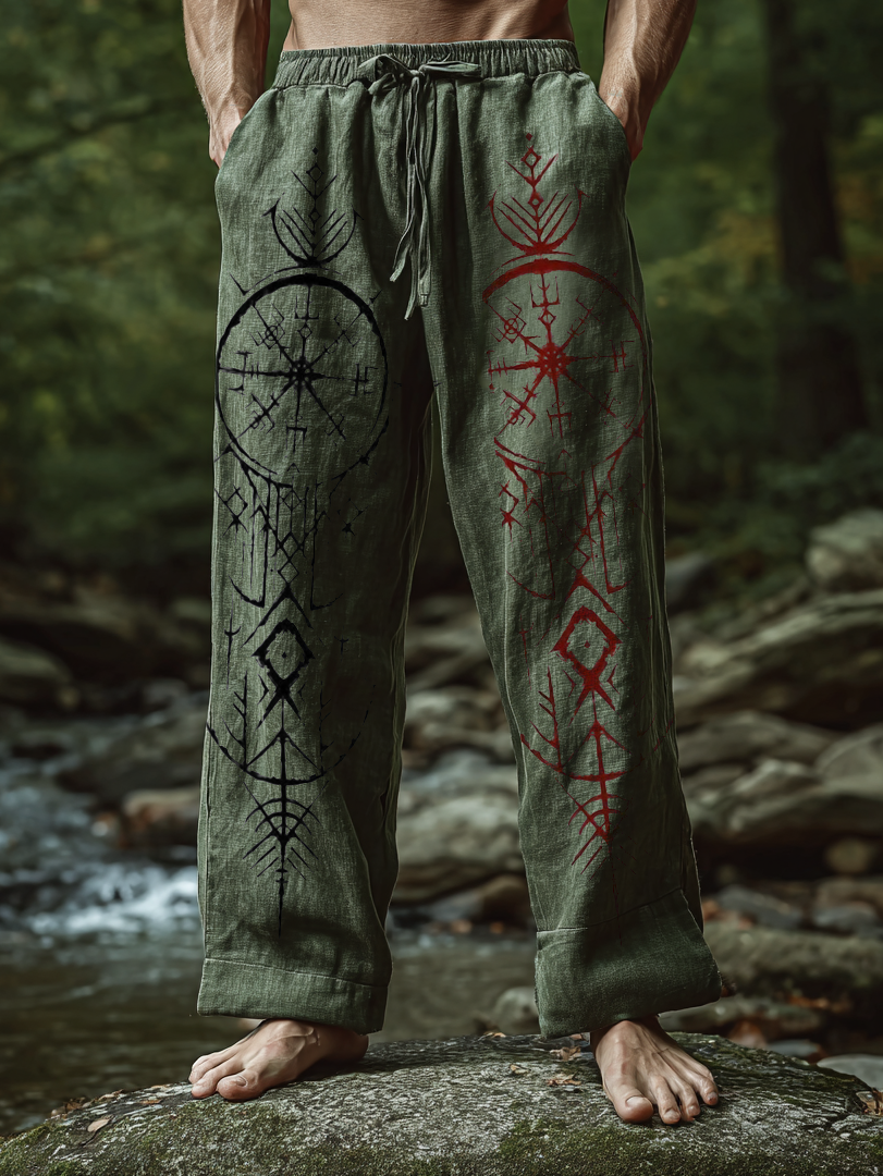Men's Viking Yggdrasill Mysterious Tribal Totem Nordic Casual Linen Pants / Rvogue / Rvogue