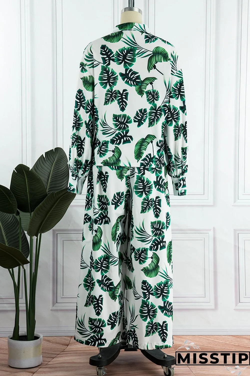 Green Casual Print Patchwork Turndown Collar Long Sleeve Two Pieces
