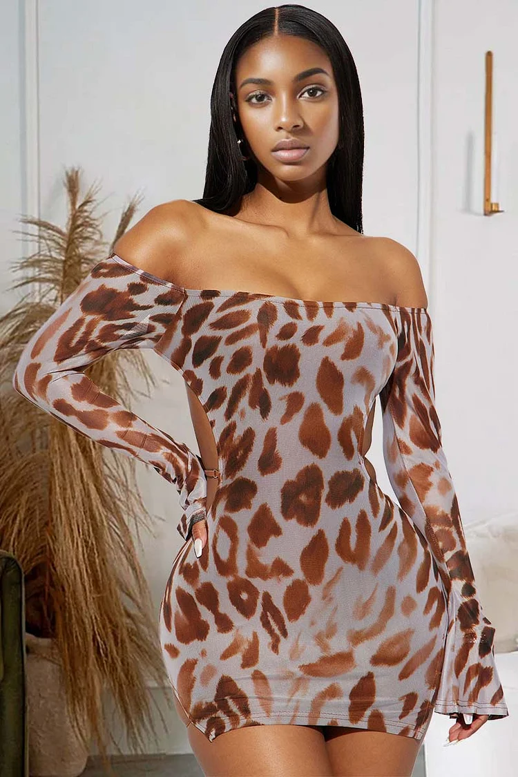 Leopard Print Off Shoulder Backless Bodycon Mini Dresses [Pre Order]
