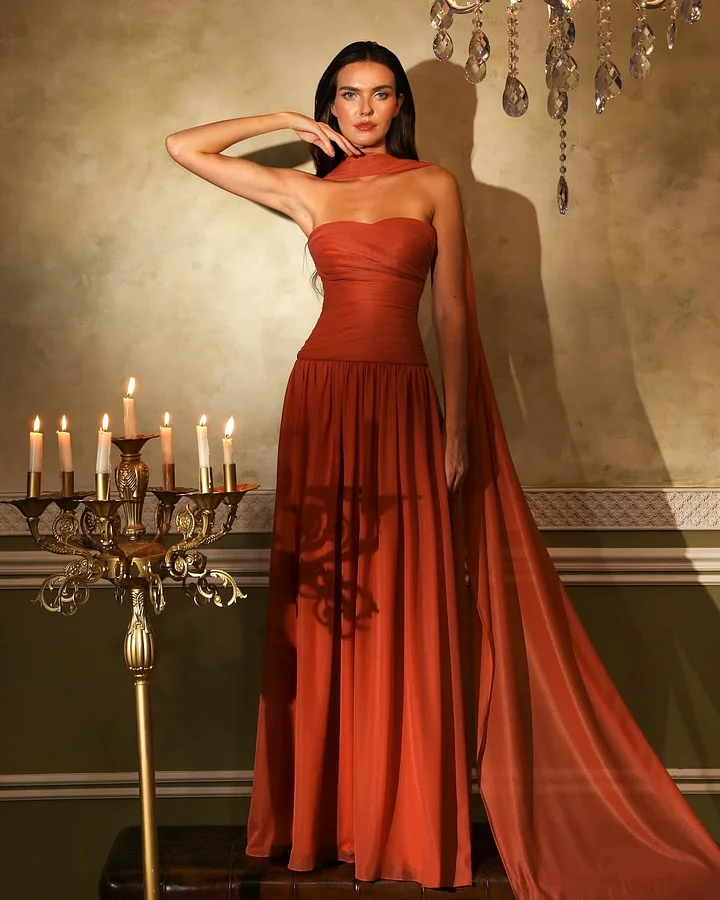 chinese dress ladies Burnt Orange Satin Prom Dress Bow Straps Floor Length – Lisposa