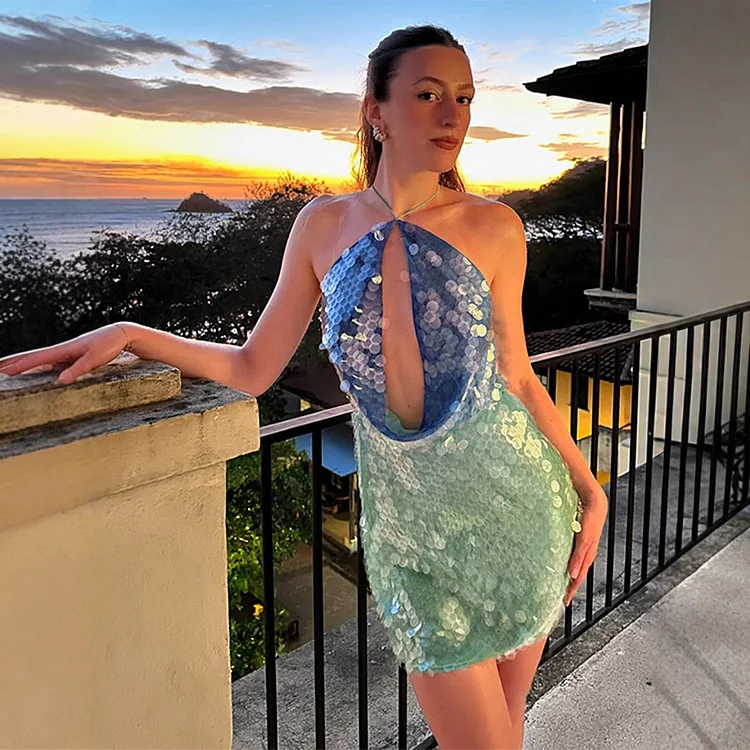 Hollow Backless Halter Sequin Mini Dress