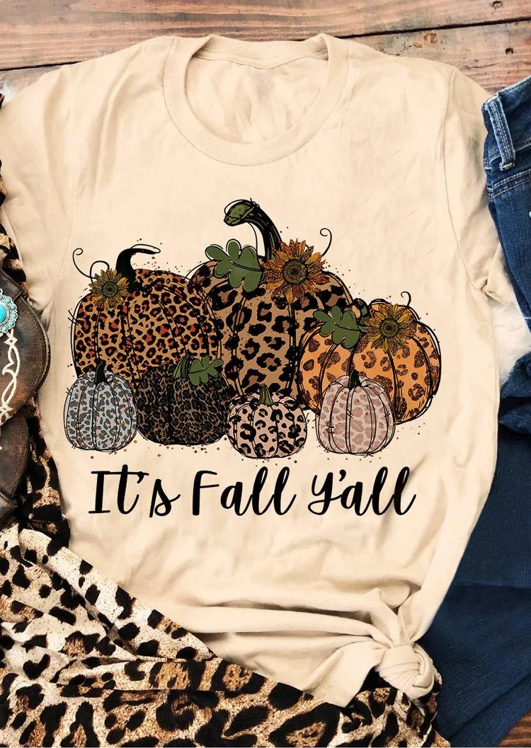 It's Fall Y'all Leopard Pumpkin T-Shirt Tee - Beige