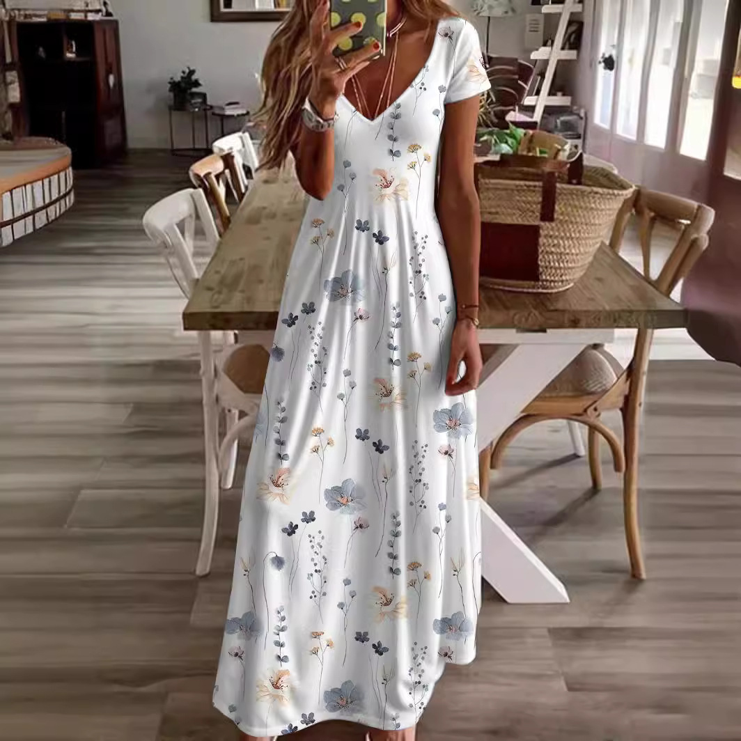 Mature Women Summer 3D Printed V-neck Casual Fashion Maxi Dress