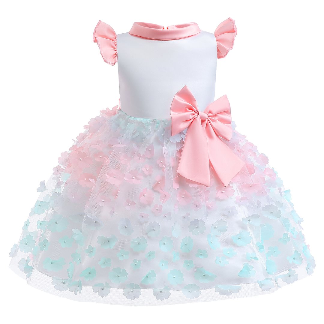 Buzzdaisy Gradient Princess Dress For Girl Contrast Collar Bow-Knot Aline Dress Lotus Leaf Sleeves Floral Cotton Daily Wear