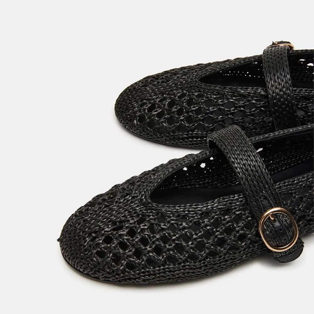Black Raffia Round Toe Buckle Strap Mary Jane Flat Shoes Women