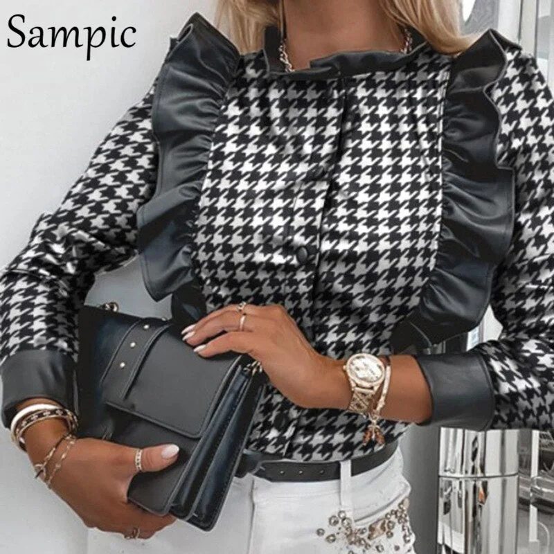 Sampic Autumn 2020 Fashion Print Houndstooth Blouse PU Leather Shirt Women Office Ladies Ruffles Long Sleeve Black Blouse Tops