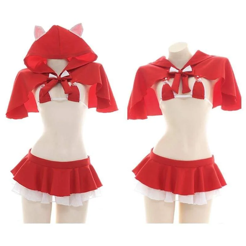 Christmas Little Red Riding Hood Lolita Girls Cat Ears Cloak Sexy Lingerie Set SP16860