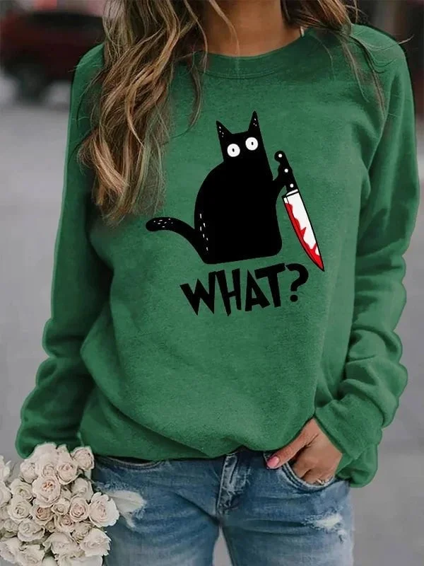 🎃2022 Halloween Pre-Sale🎃Women's Halloween Black Cat Print Casual Sweatshirt