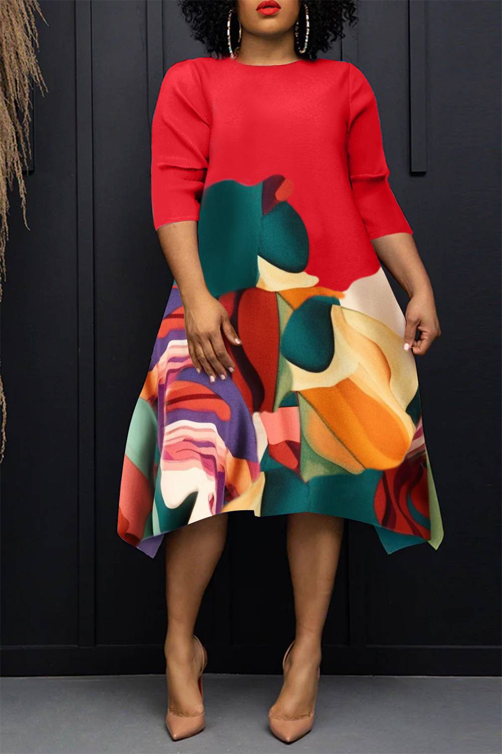 Plus Size Casual African Dress Red Round-Neck All Over Print Asymmetrical Hem Midi Dress