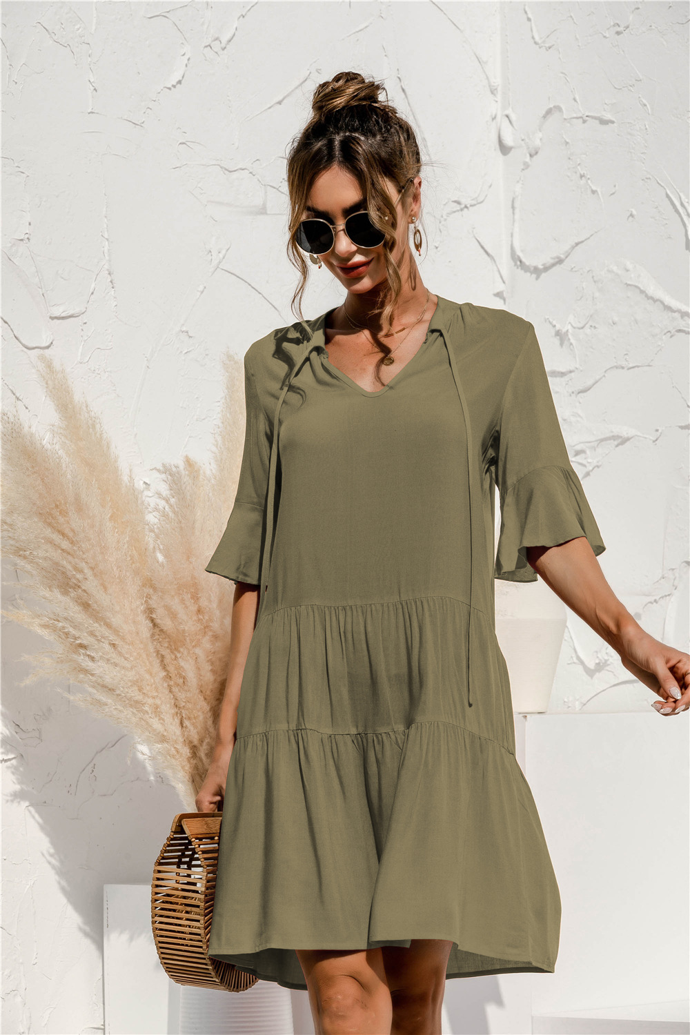 Mature Women Summer V-neck Fit And Flare Cake Stitching Dress