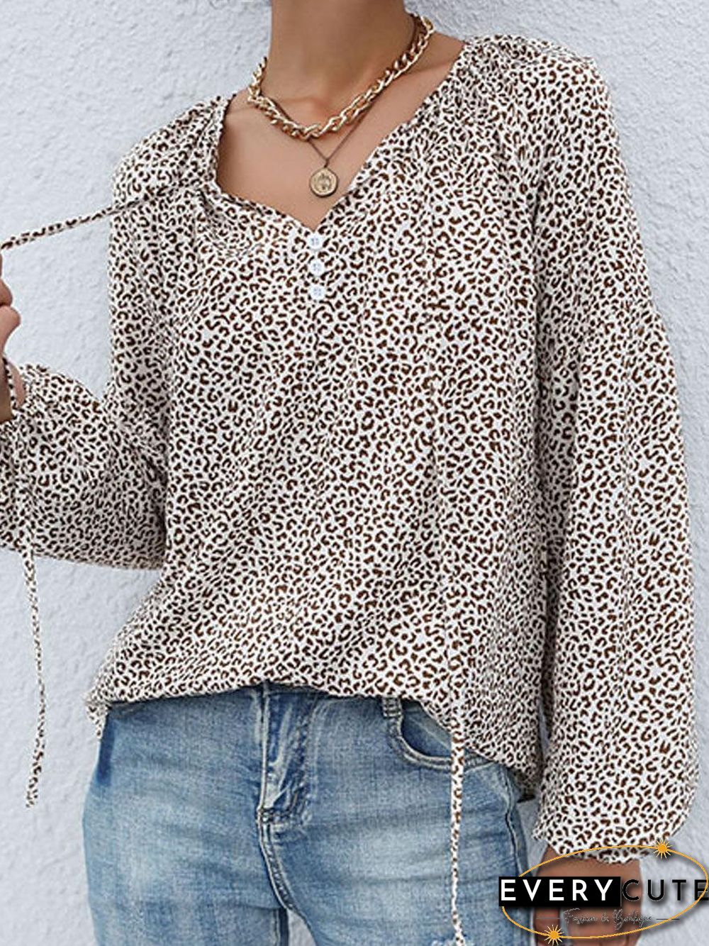 V-neck Leopard Print Casual Long Sleeve Blouse