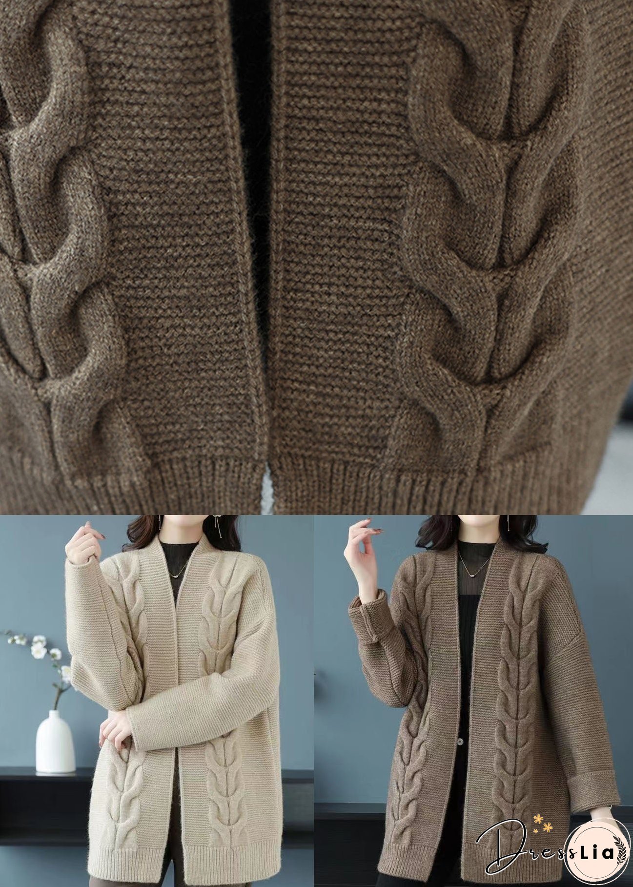 Loose Beige V Neck Patchwork Thick Wool Knit Cardigan Fall