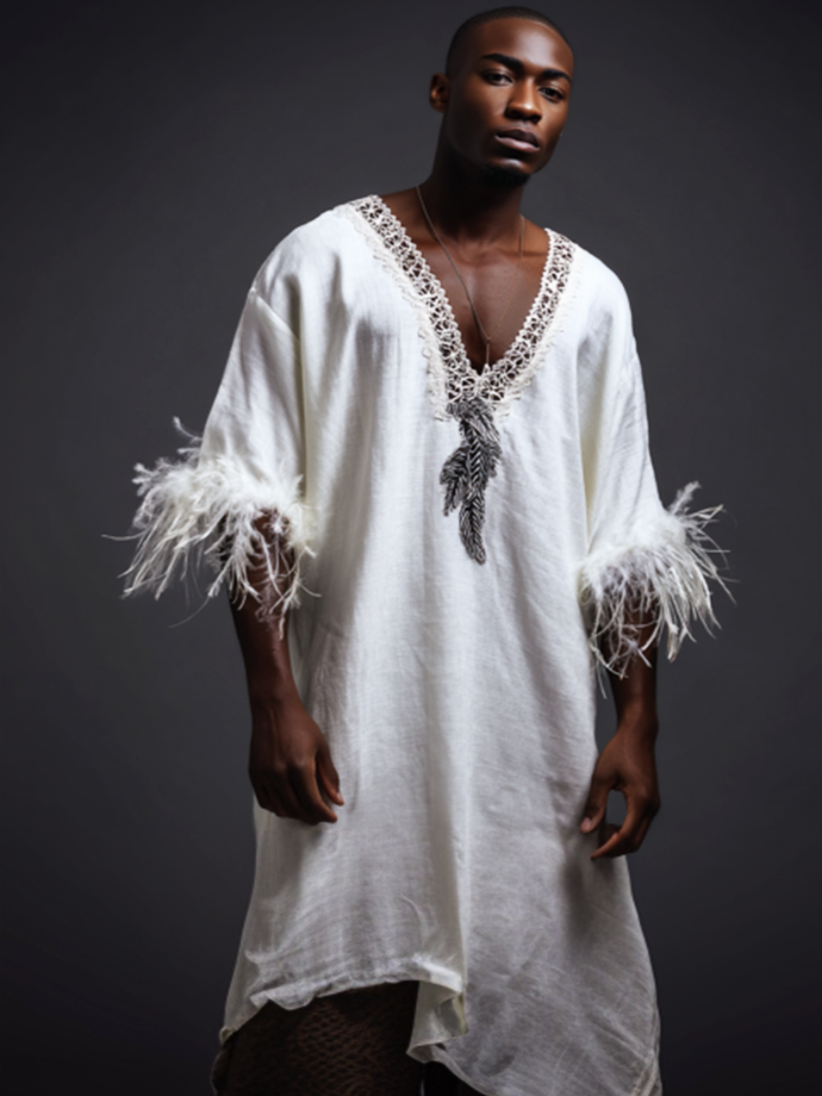Alabaster Feather-Sleeve kaftan
