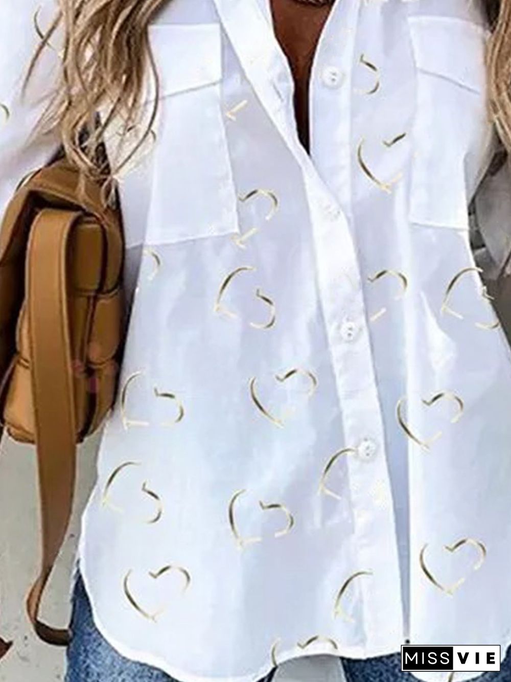 White Printed Casual Long Sleeve Shirt Collar Shift Blouse