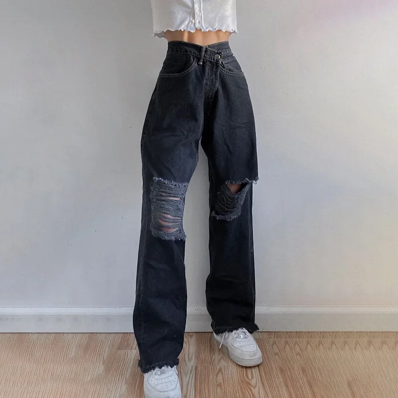 HEYounGIRL Baggy Black Boyfriend Jeans Pants Women Ripped High Waisted Denim Pants Capris Vintage Holes Distressed Trousers