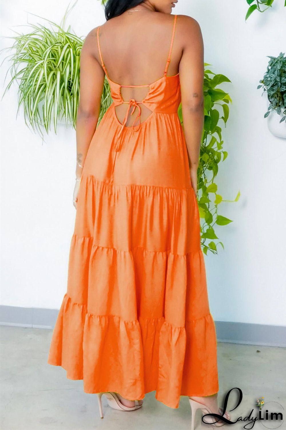 Yellow Fashion Casual Solid Backless Spaghetti Strap Long Dress