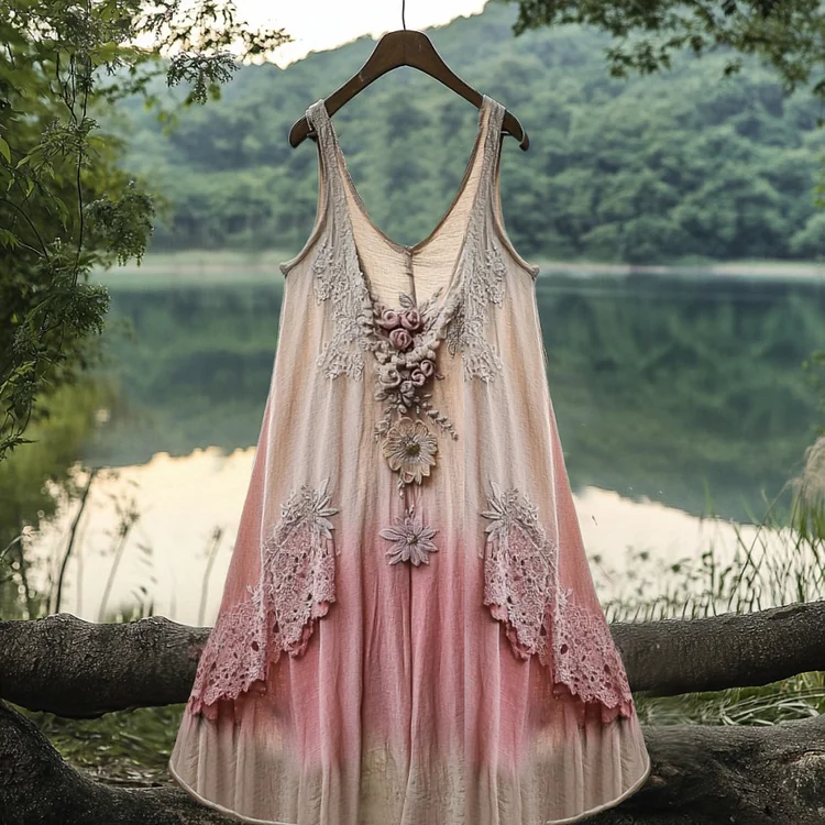 Bohemian Lace Japan Sakura Embroidery Cozy Linen Tank Dress