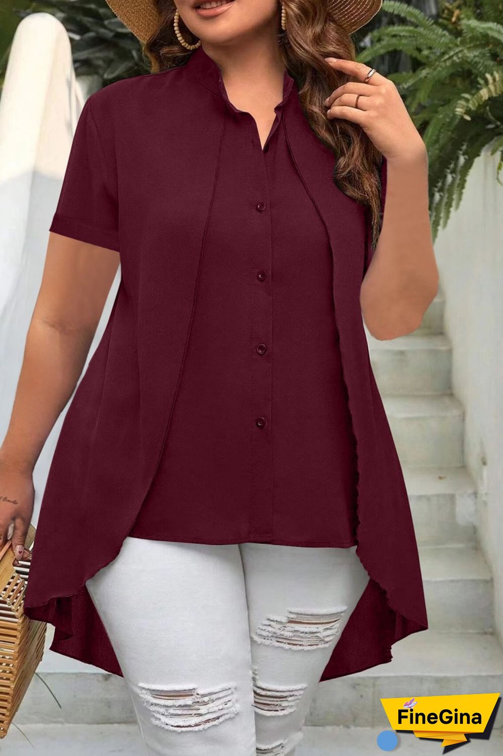 Burgundy Casual Solid Patchwork Shirt Collar Tops