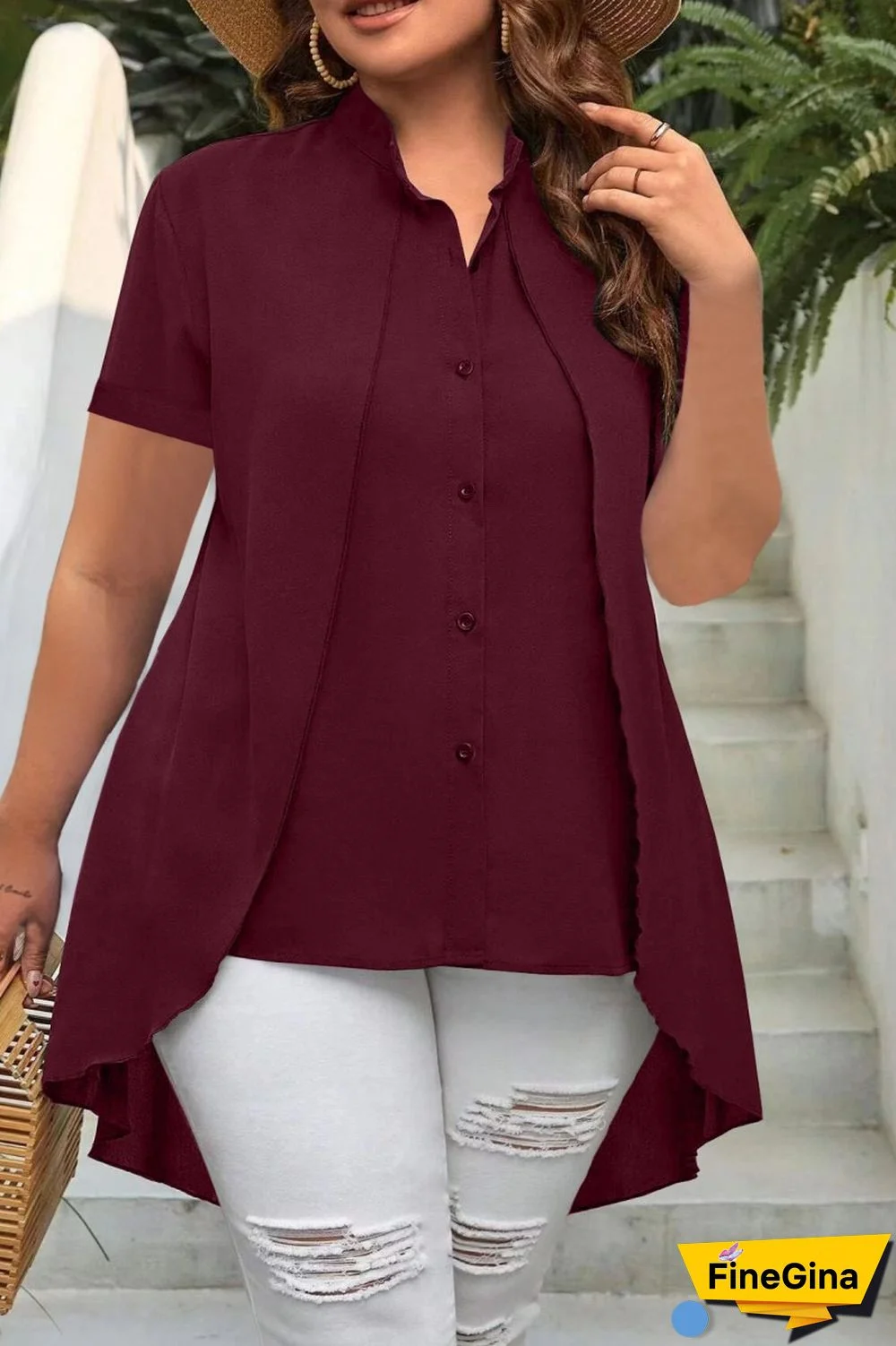 Burgundy Casual Solid Patchwork Shirt Collar Tops