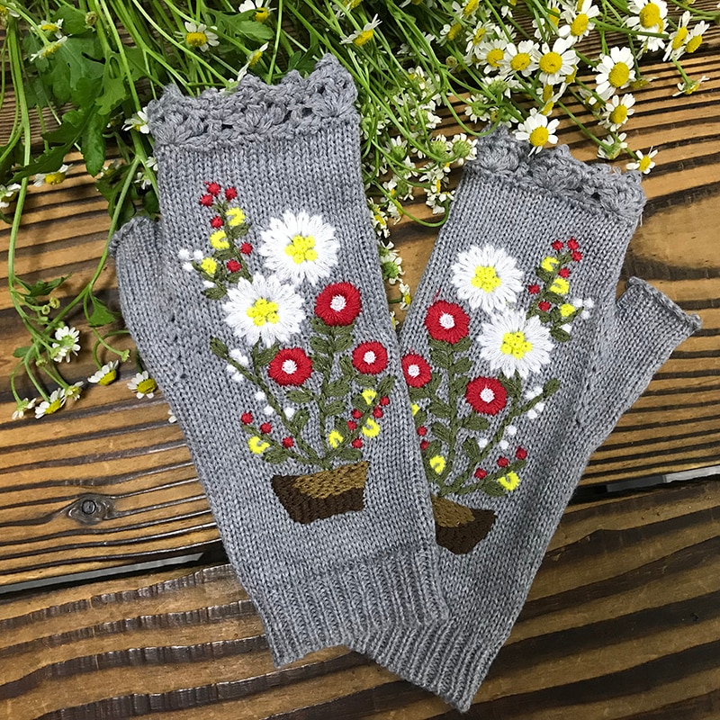 Fashion Womens Autumn Knitted Handmade Embroidery Gloves Embroidered Sun Flowers Mid Long Half Finger Warm Wool Winter Gloves