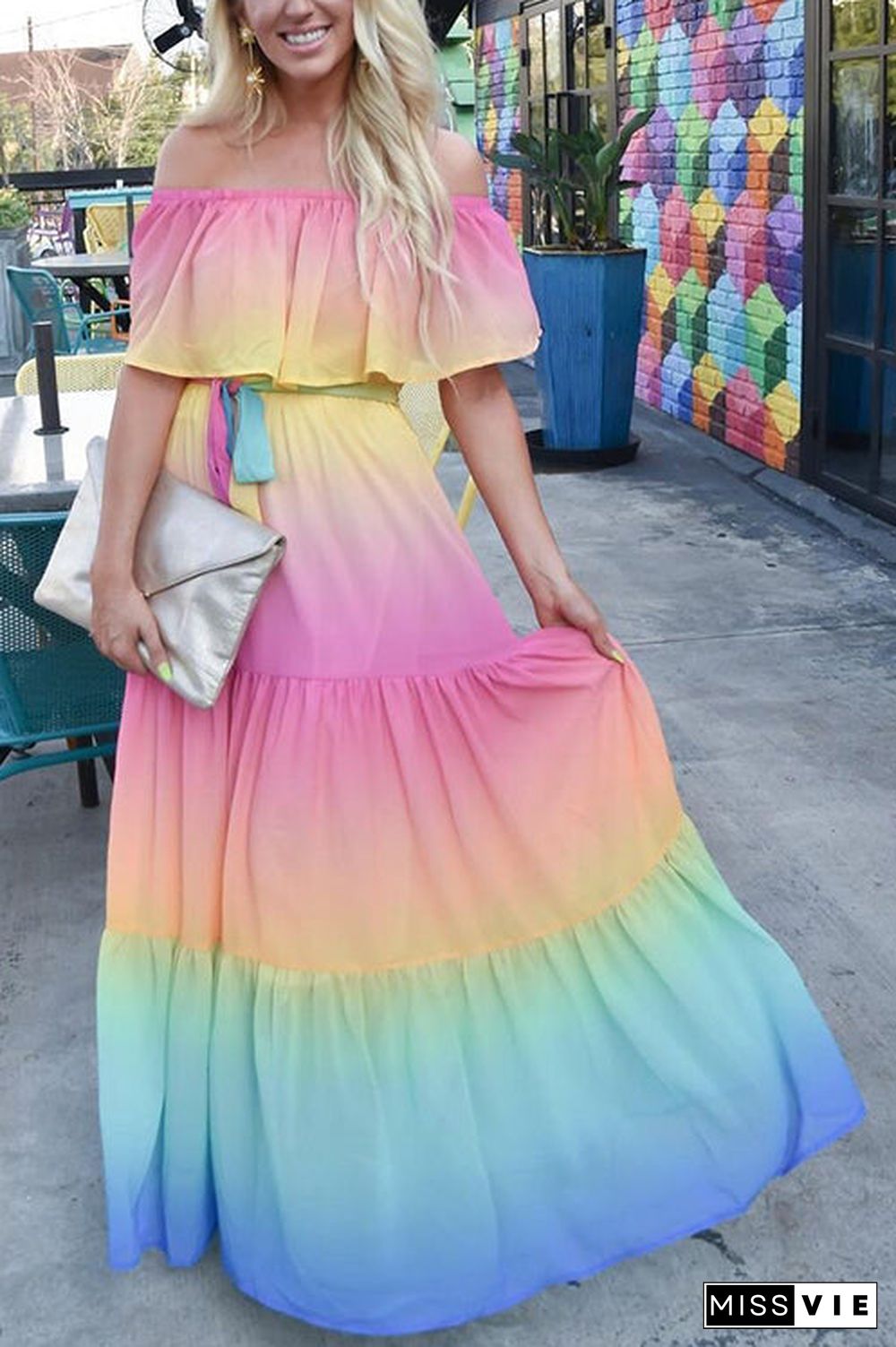Gradient Off Shoulder Belted Maxi Dress