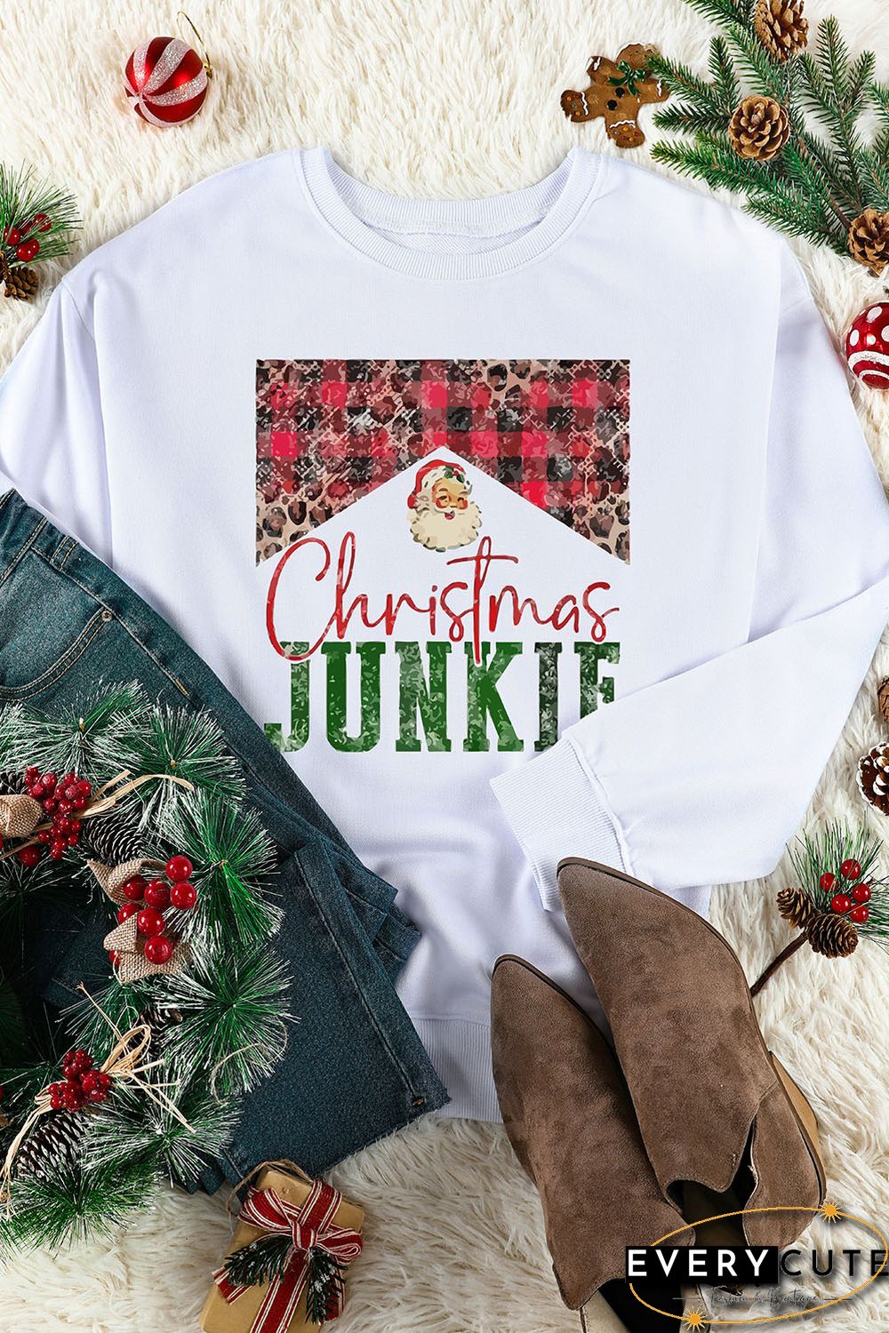 White Christmas JUNKIE Plaid Print Pullover Sweatshirt