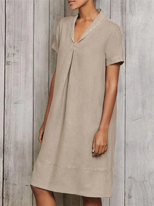 Women Short Sleeve V-neck Soild Midi Dress