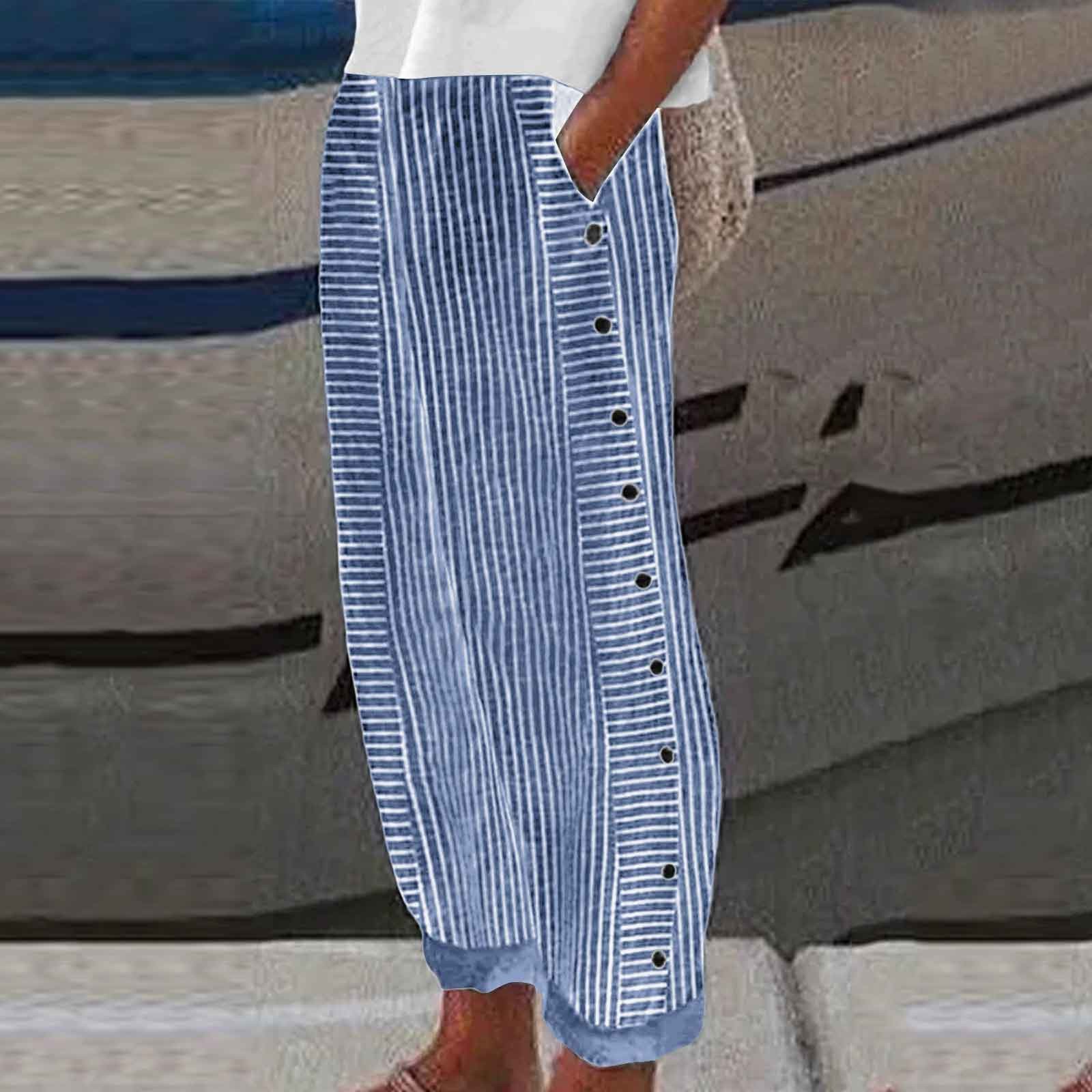 Mayfirstrecord Long Linen Pants Women Women Summer Fashion Striped Print Button Casual Versatile Loose High Waist Yoga Dress Pants For Women
