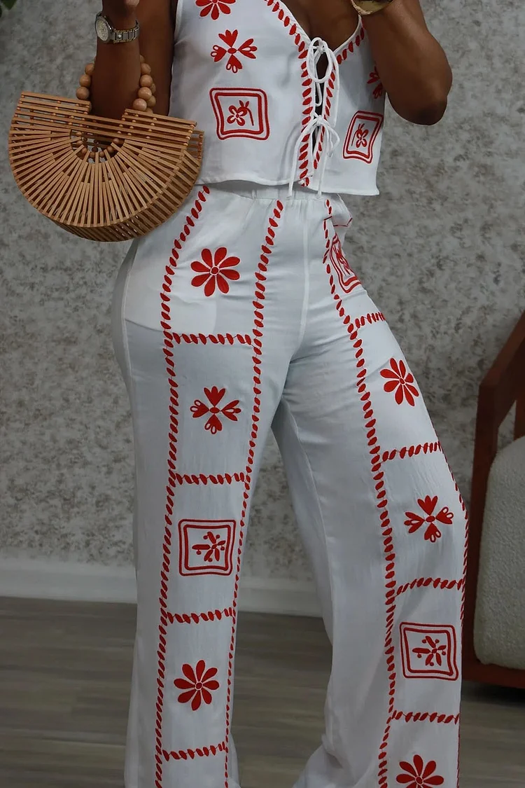 Tied Up Sleeveless Top Print Wide Leg Pants Daily 2pcs Set-White [Pre Order]