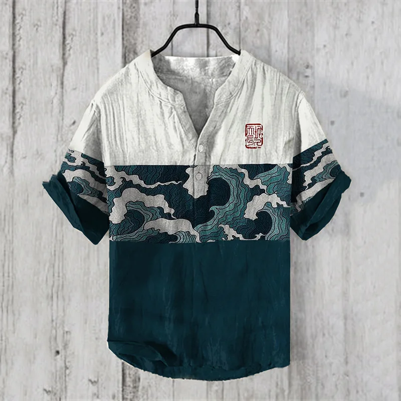 Men's Retro Splicing Waves Japanese Art Linen Henry Collar Shirt