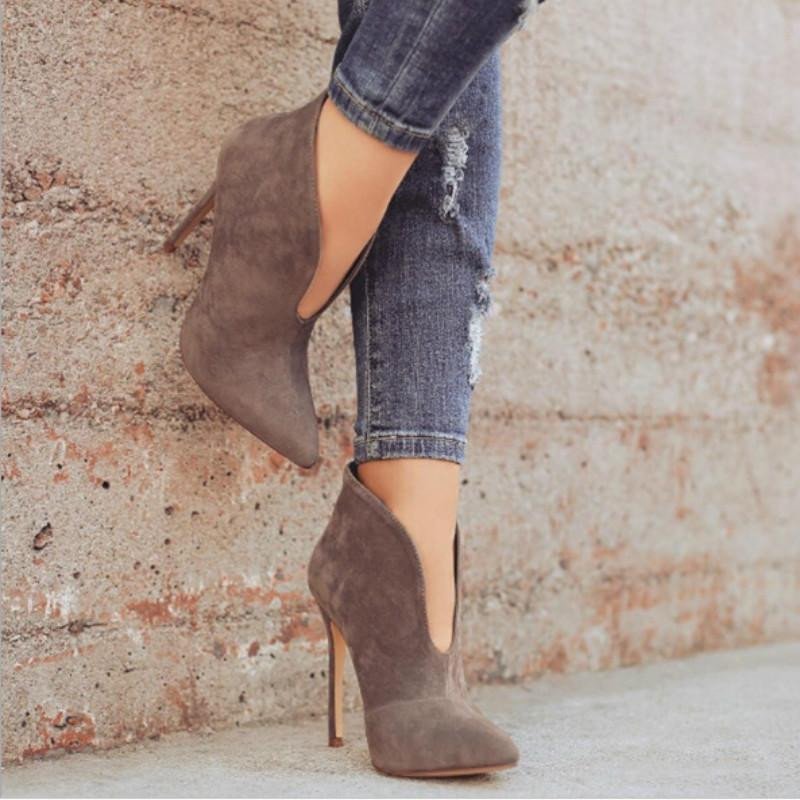Ankle Boots Pointed Toe V Shape Cut Suede Pumps
