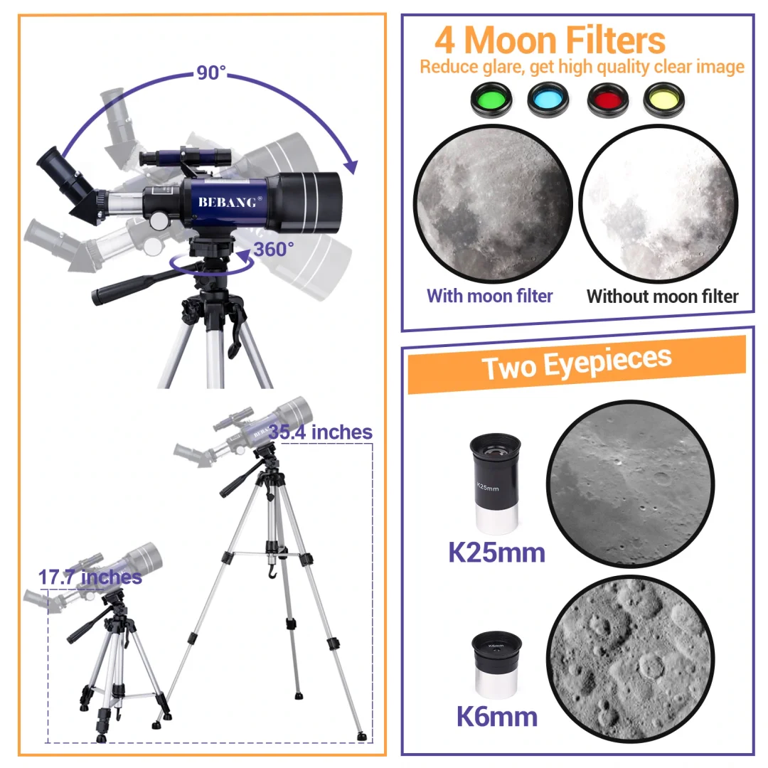 Telescope for Kids Beginners Adults, 70mm Refractor Telescope with Tripod, Astronomy Telescope Gift for Kids