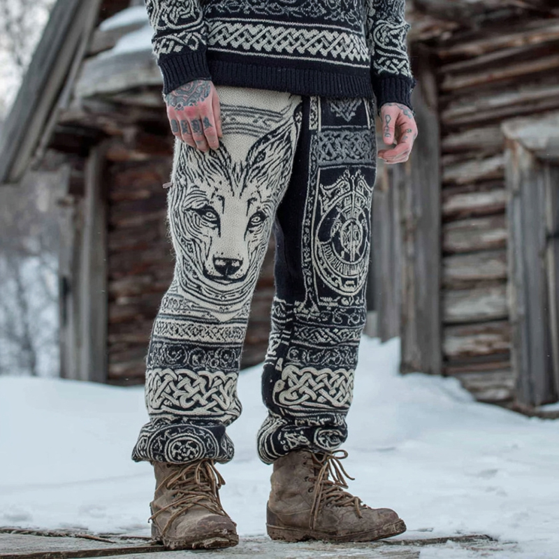 Men's Retro Viking Wolf And Celtic Knot Color Block Knitted Pants elevenforest