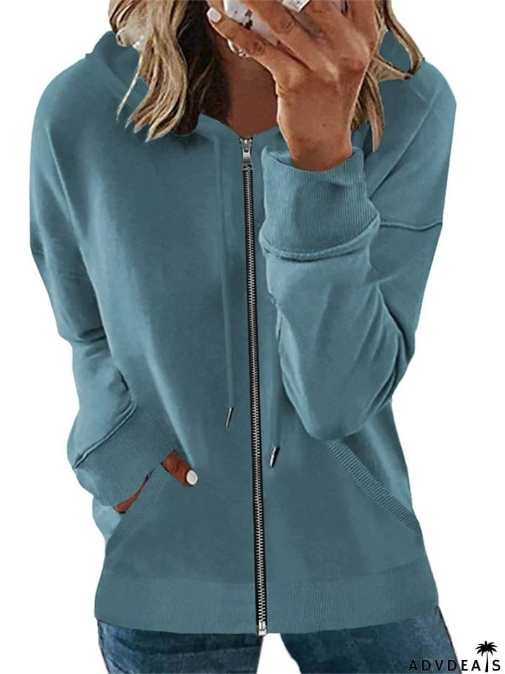 Casual Long Sleeve Solid Color Zipper Hoodies