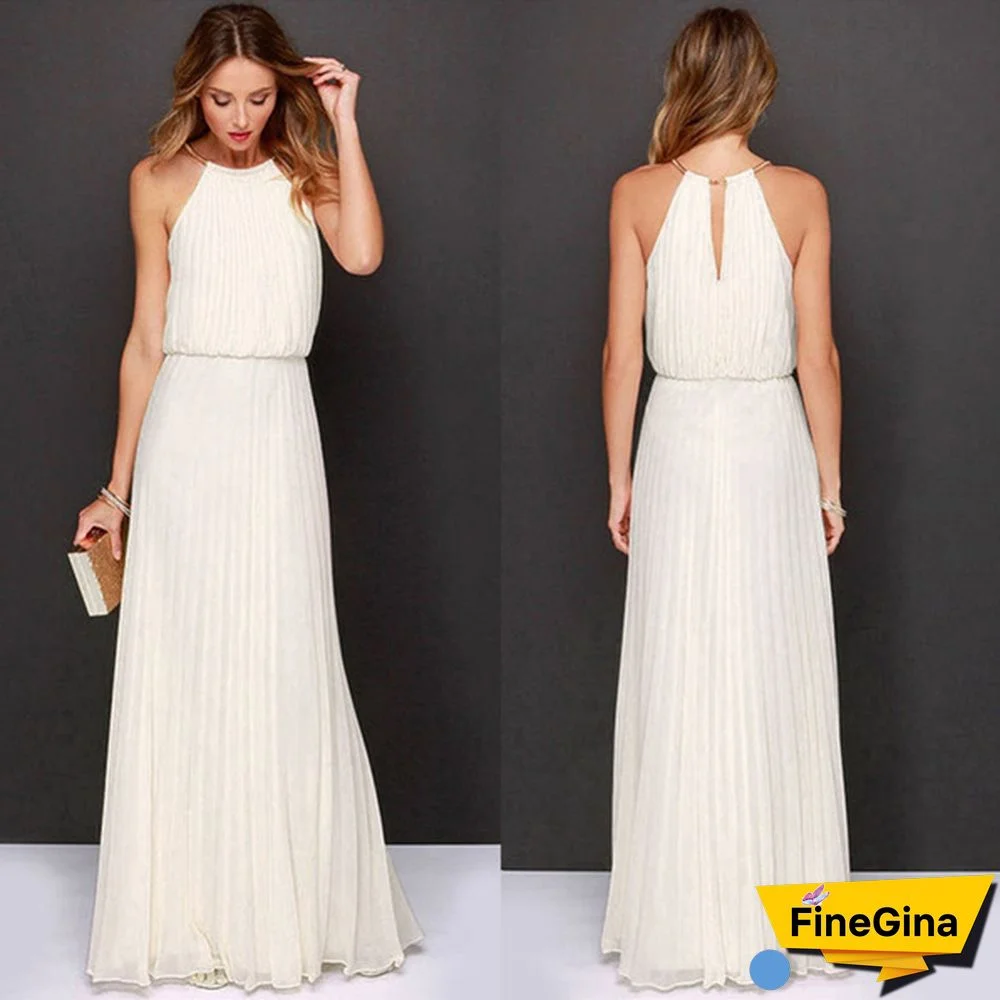 12 Colors Women's Fashion Spring Summer Autumn High Quality Casual Sleeveless Halter Pleated Fashion Sexy Dress Ladies Chiffon Elegant Solid Color Evening Party Wedding Beach Long Dress Plus Size XS-XXXL