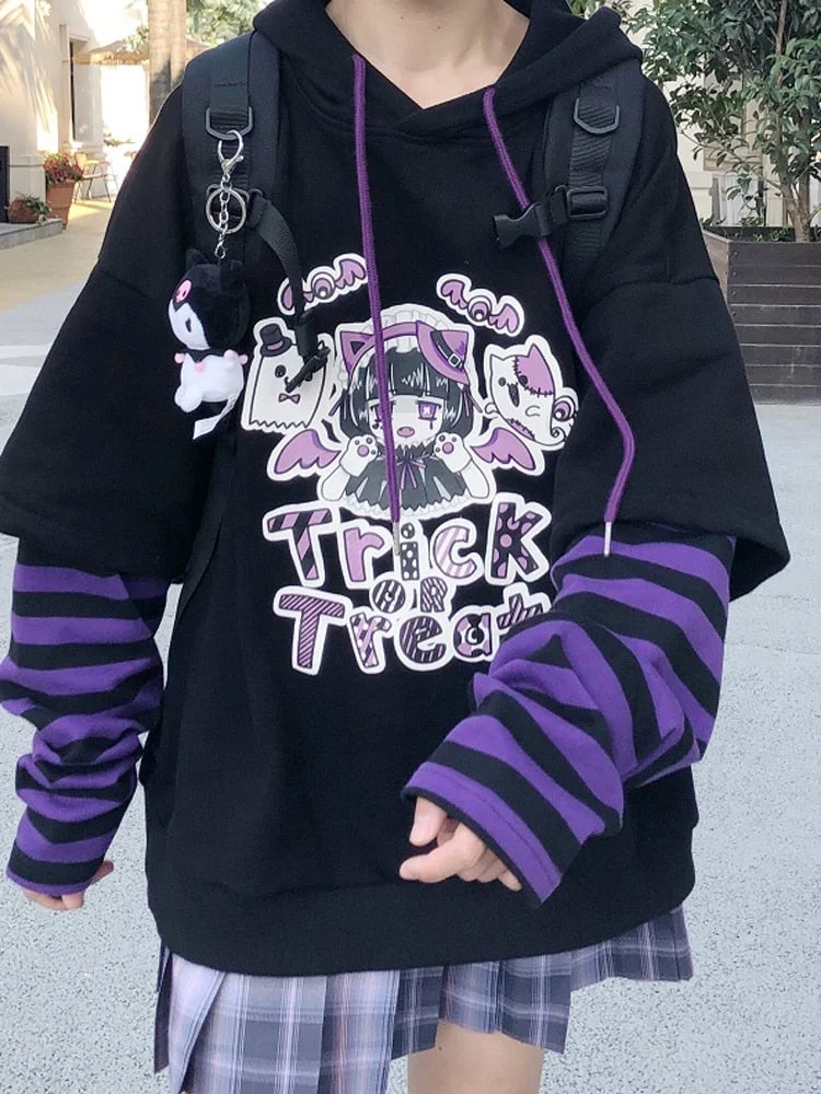 Uforerver21  Anime Hoodies Alt Kawaii Girls Fake Two Piece Top Striped Long Sleeve Y2k Pullover BF Korean Japanese Sweatshirt Teens