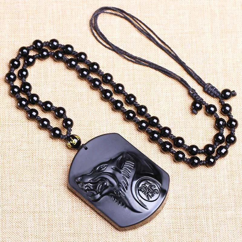 Black Obsidian Stone Wolf Purification Pendant Necklace