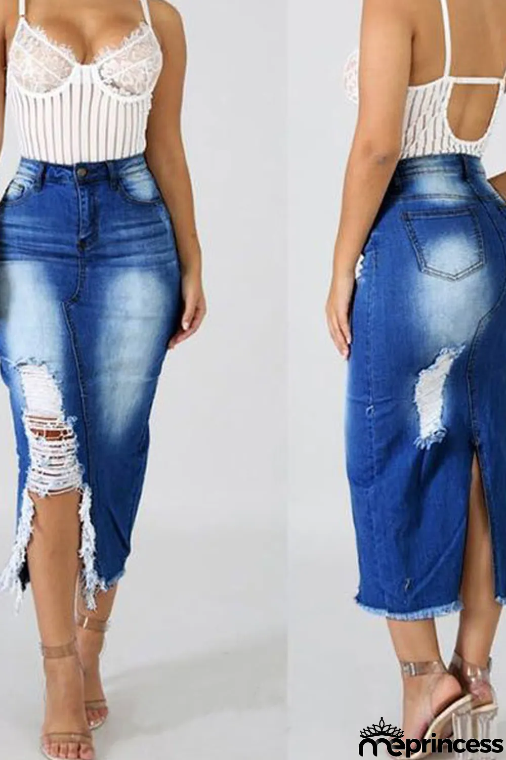 Blue Denim Sexy Solid Hole washing Plus Size