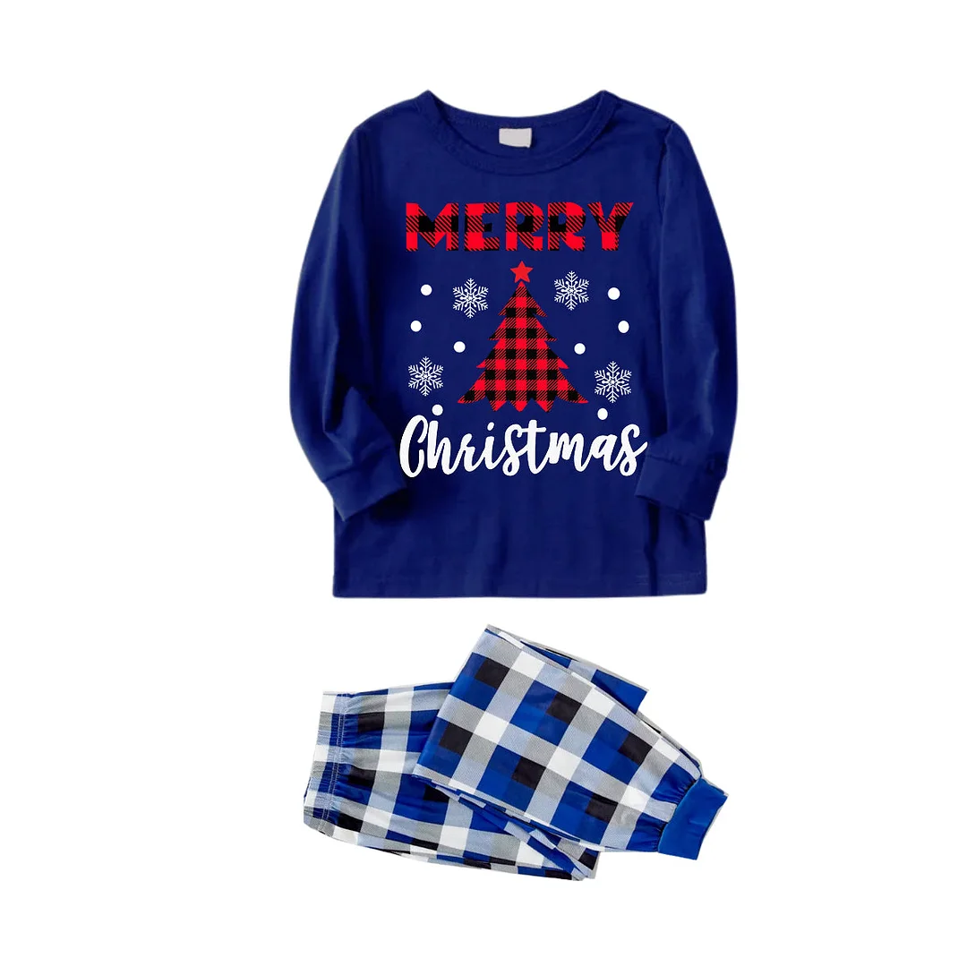 Plaid Christmas Tree Pattern Blue Long Sleeves with Blue&White&Black Plaid Pants Family Matching Pajamas