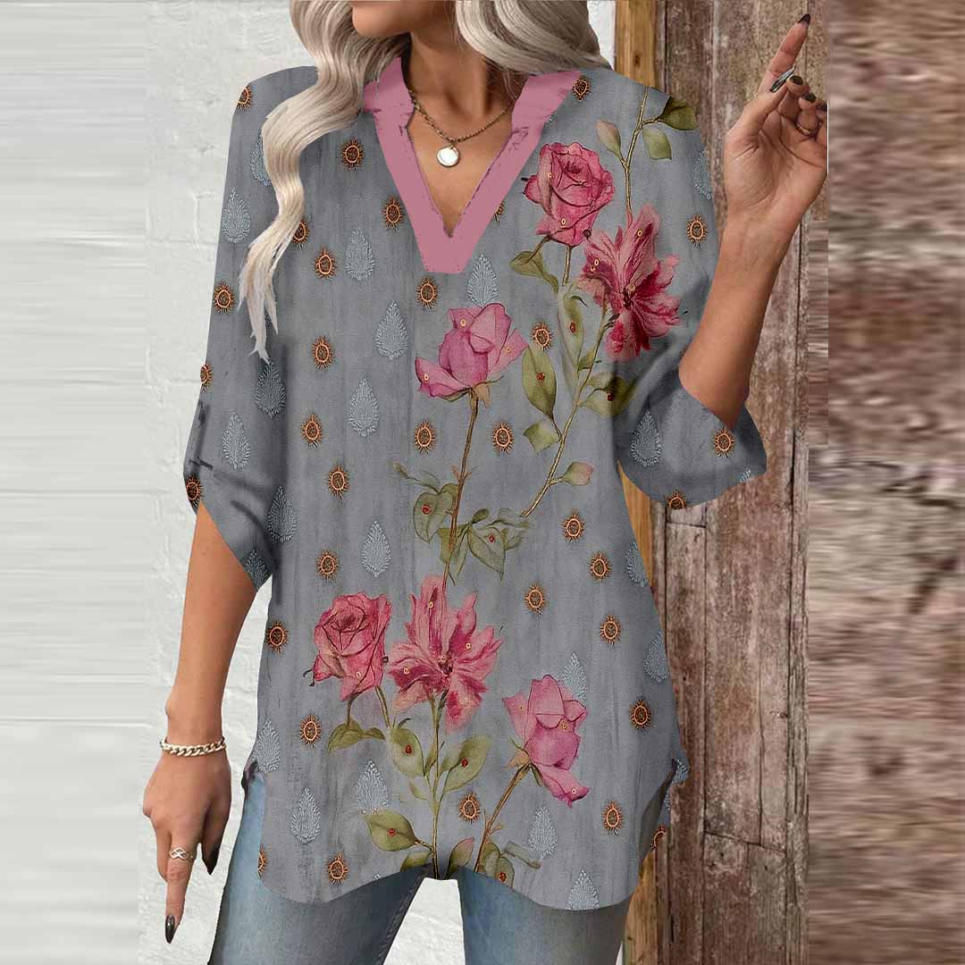 Women Floral, Retro, Grey, Red DZGA0506 3/4 Sleeve V-neck Printed Graphic Button Tops