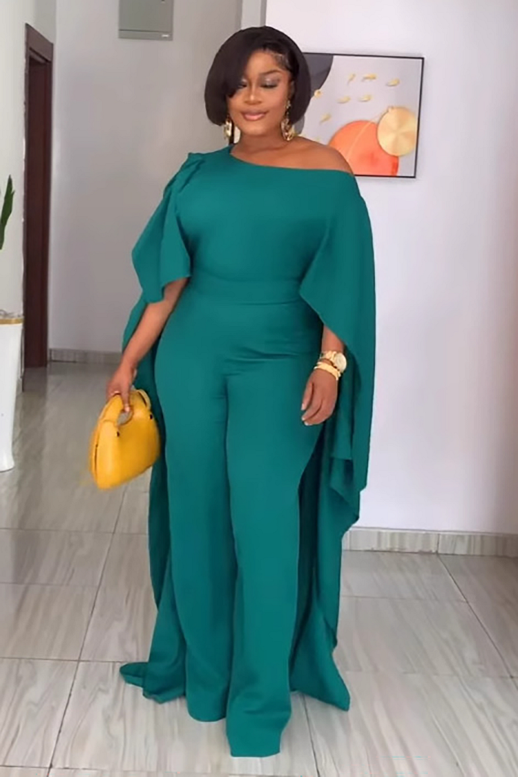 Skew Neck Shawl Design Solid Color Jumpsuit-Green