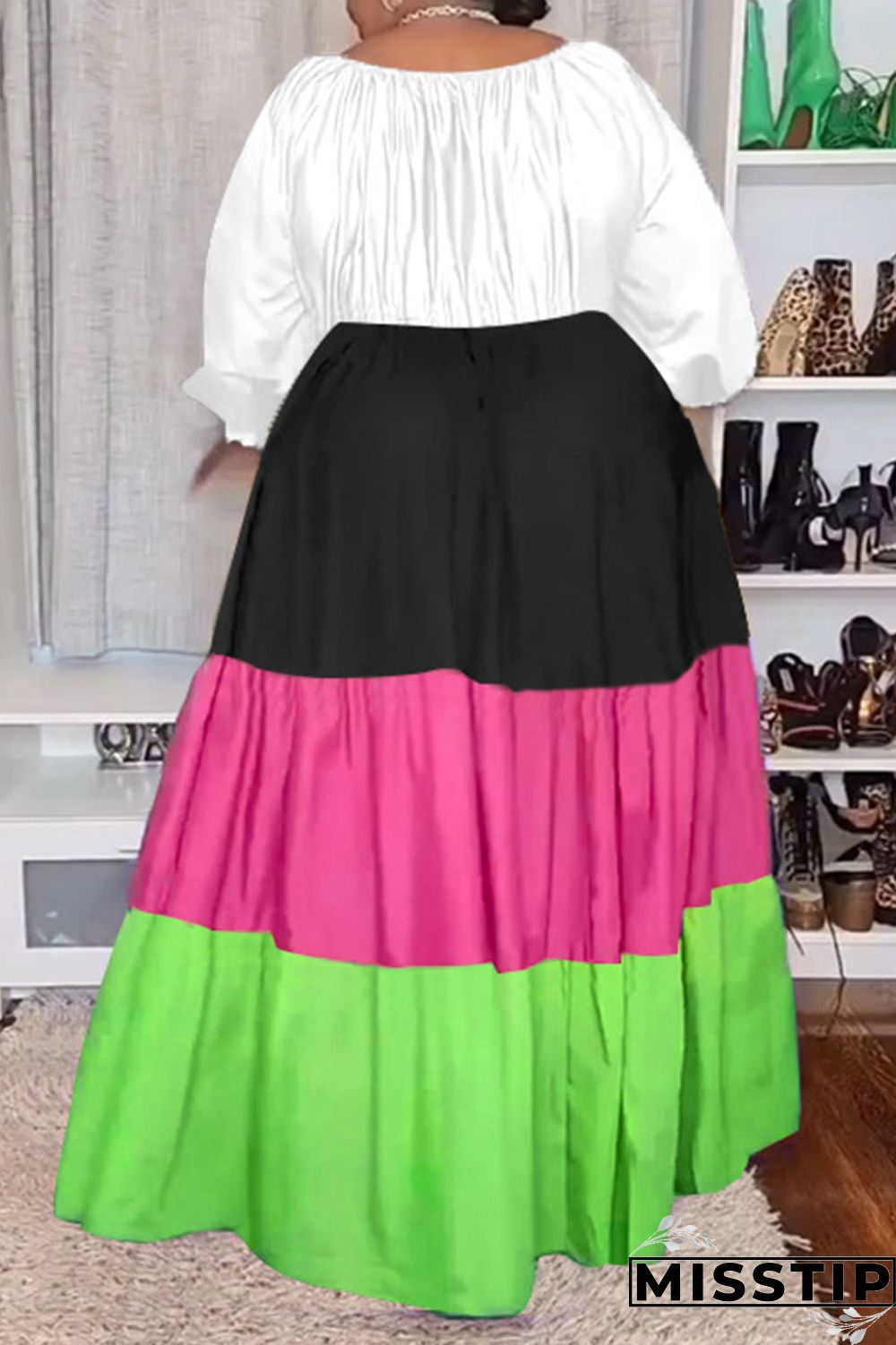 Green Casual Solid Patchwork Square Collar A Line Plus Size Dresses