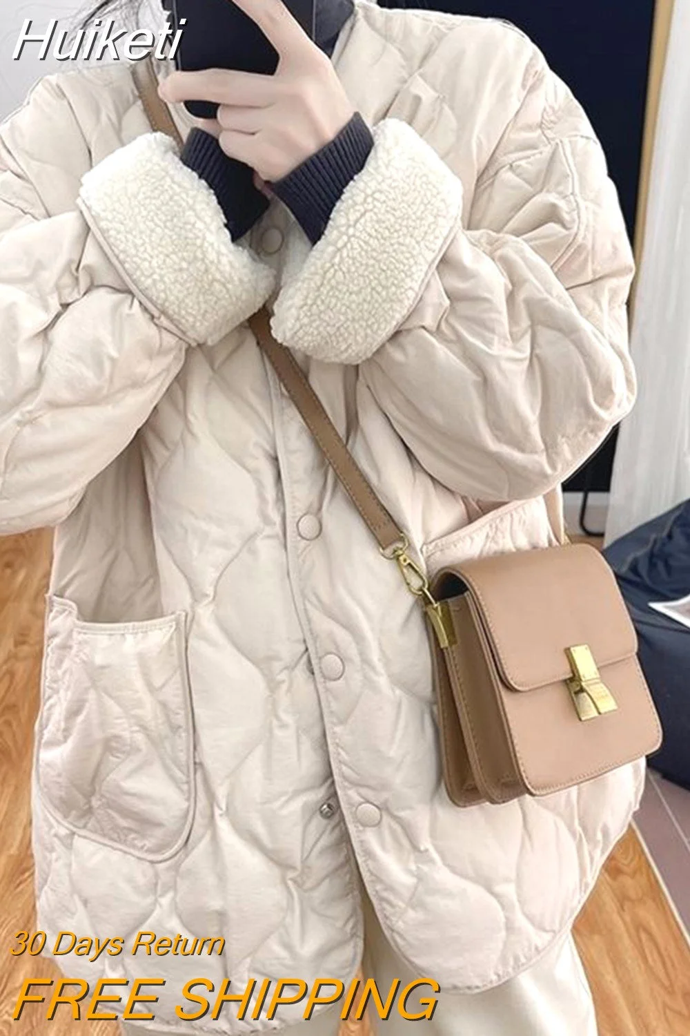 Huiketi Coat Women Autumn Winter Padded Jacket Female Korean Fashion Faux Lambwool Outerwear Vintage Warm Single Breasted Coats