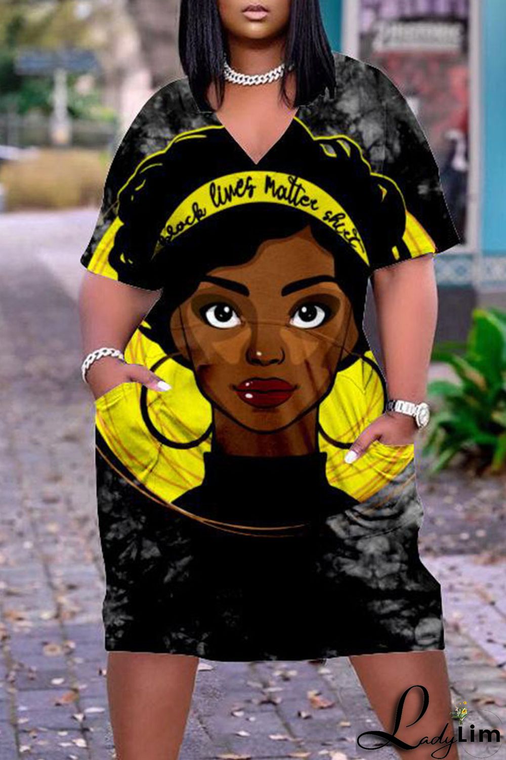 Beige Casual Street Print Patchwork V Neck Straight Dresses