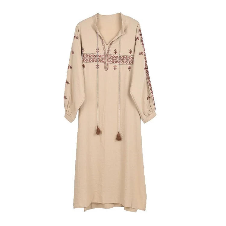 Vintage Loose V-neck Lacing Indian Totem Embroidered Long Sleeve Split Hem Dress