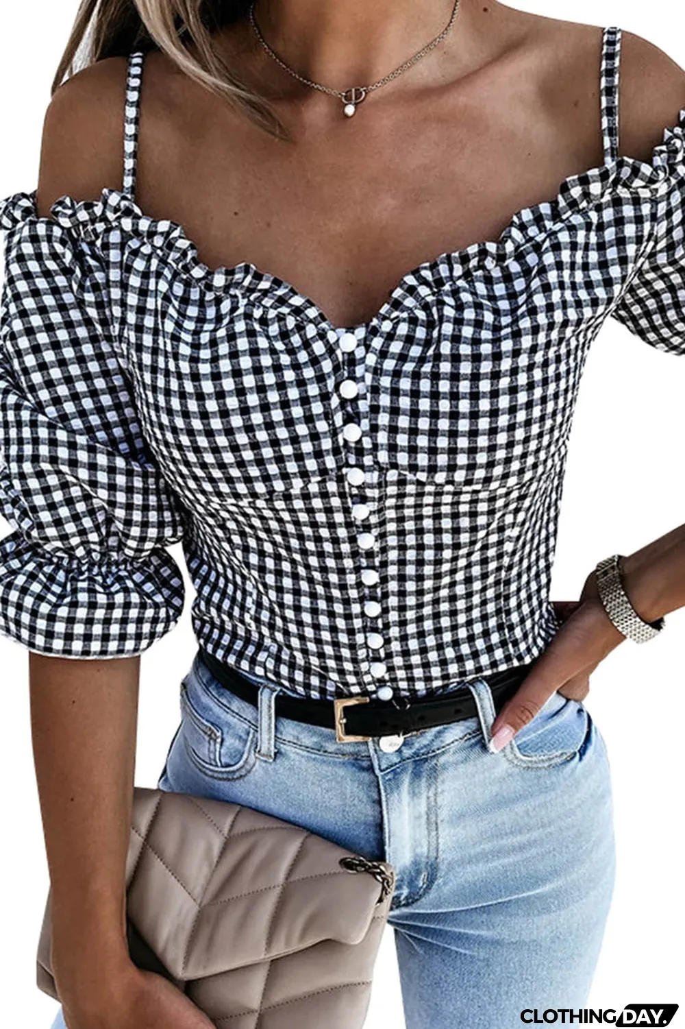 Black Sweetheart Gingham Button Down Cold Shoulder Blouse