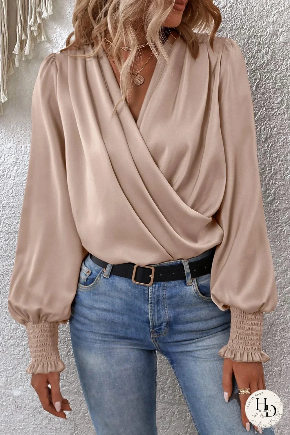Blusa elegante cruzada de manga larga drapeada albaricoque